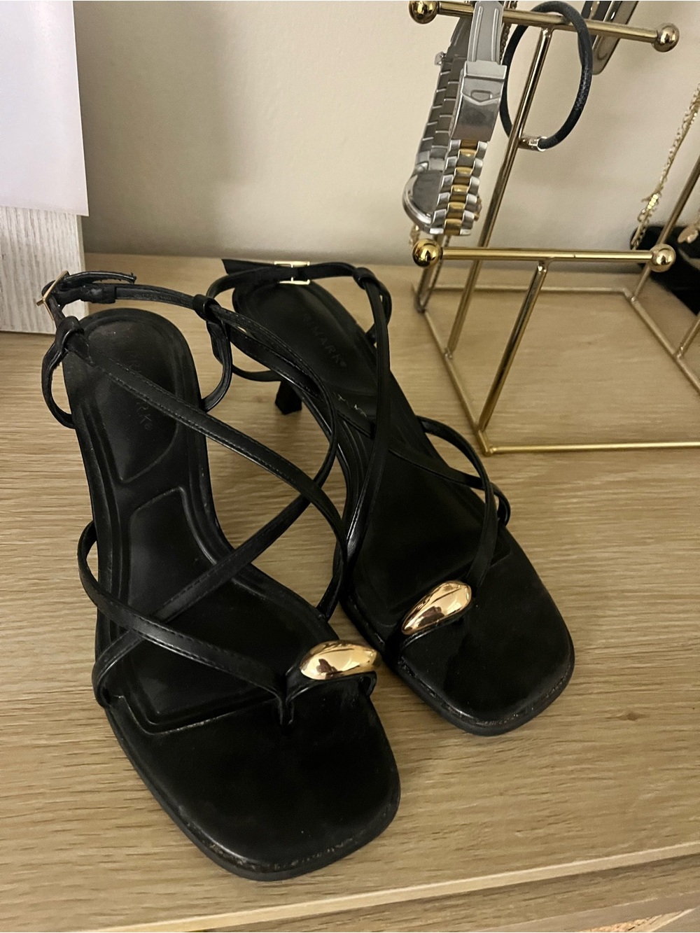 Black Strappy Heeled Sandals with Gold Accent